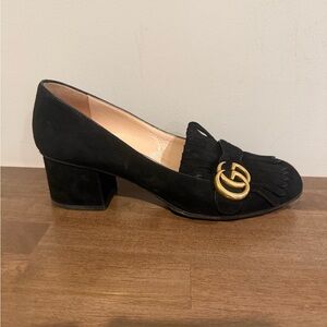Gucci Women's Black Suede Marmont Loafers with Gold Logo